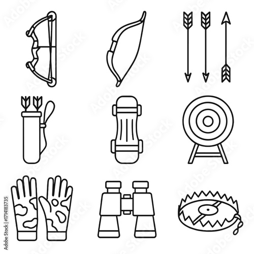 Outdoor adventure icons set: archery, skateboard, binoculars, and more in linear style