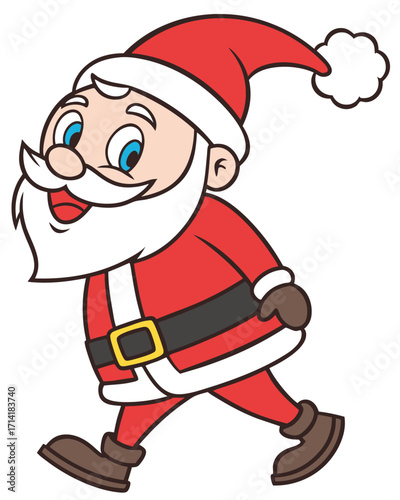 Cartoon illustration of Santa Claus in a red suit with white trim, black belt, and red hat, smiling with arms spread wide in a welcoming gesture.