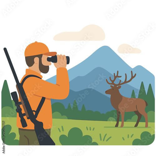 Hunting scene with hunter viewing deer through binoculars in stylized nature setting