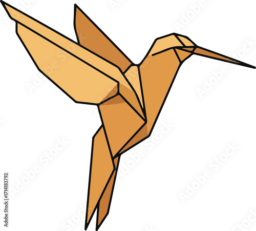 Illustration Of A Golden Origami Hummingbird With Black Outlines On White Background