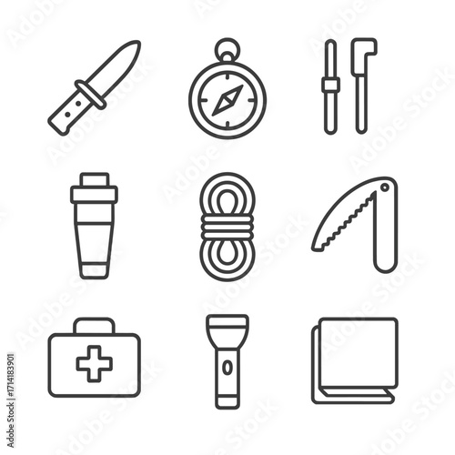 Outdoor adventure kit: essential line icons for camping and survival gear