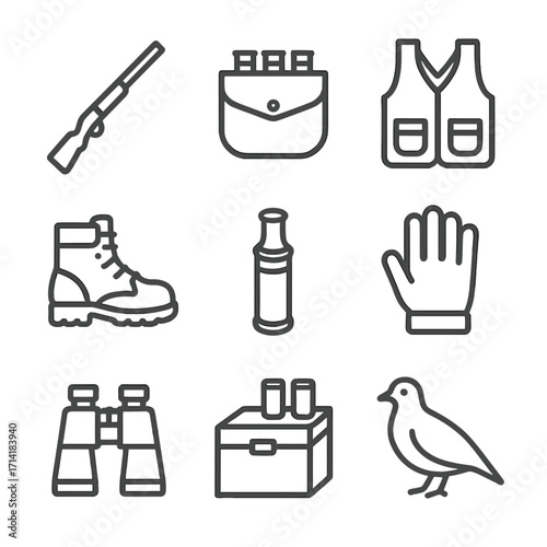 Minimalistic hunting gear icons collection with gradient background