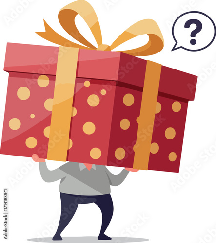 Illustration of a Man Holding a Large Red Gift Box with Gold Ribbon and Question Mark