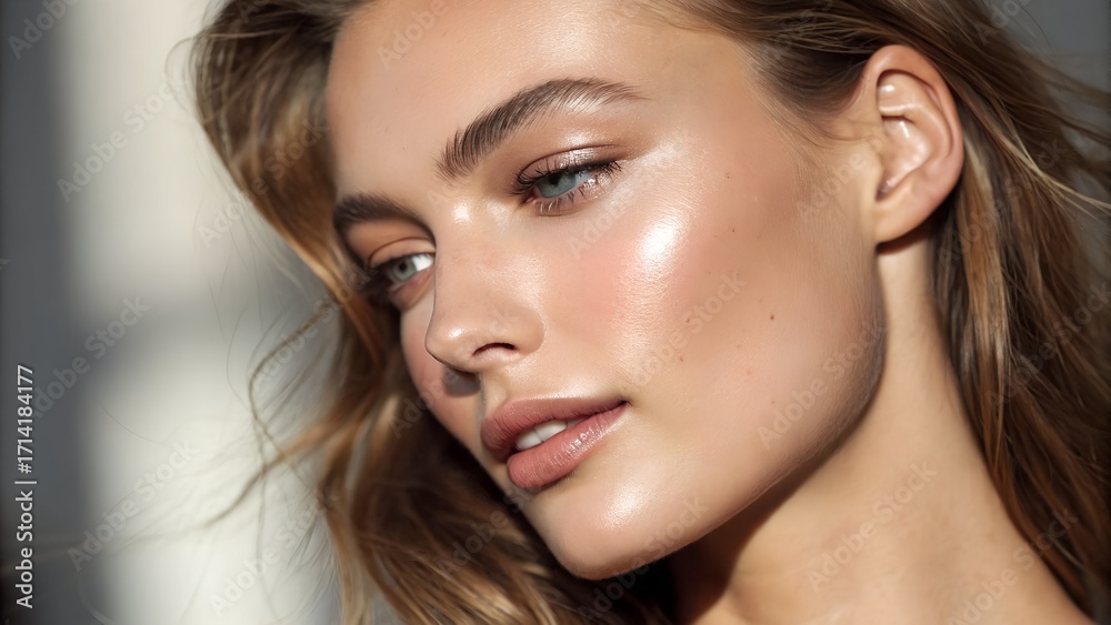 Naklejka premium Beauty Close Up of Woman with Flawless Natural Skin Minimal Makeup Cosmetic Ad Style Photoreal Photo