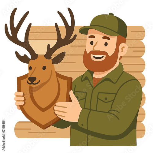 Hunter holding trophy antlers in rustic lodged-inspired art