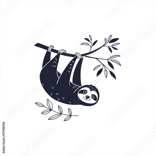 Cute cartoon sloth hanging upside down from a tree branch with leaves