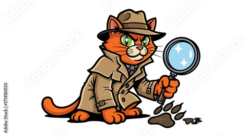 Detective Cat's Investigation: A cartoon detective cat, equipped with trench coat and magnifying glass, meticulously examines a paw print, capturing the essence of sleuthing and mystery.