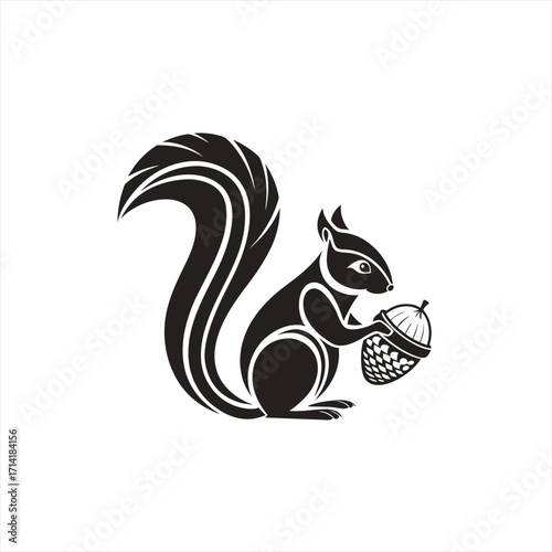 Stylized black silhouette of a squirrel holding an acorn