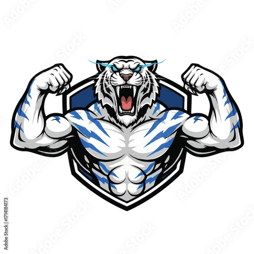 A fierce white tiger with blue stripes flexing its powerful muscles, depicted in a cartoonish, aggressive style with glowing blue eyes and lightning accents.