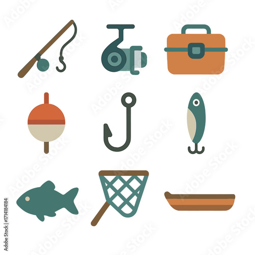 Retro minimalist fishing icons set with soft neon glow