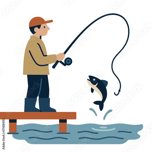 Fisherman on dock catching fish at night in neon style