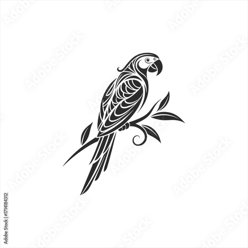 Stylized black and white macaw perched on a branch with leaves