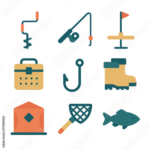 Glowing neon icons of fishing and outdoor adventure with stylized equipment