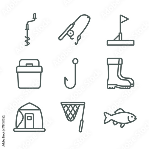 Set of linear ice fishing icons: equipment, fish, boots, and more
