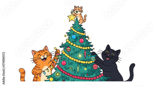Cats Decorating Christmas Tree: Adorable cartoon cats adorn a festive Christmas tree with ornaments, exuding the heartwarming spirit of the holiday season and the joyful chaos of family.