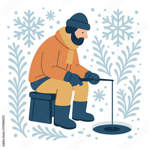 Ice fishing in winter: man in warm clothes fishing on frozen lake with snowflakes