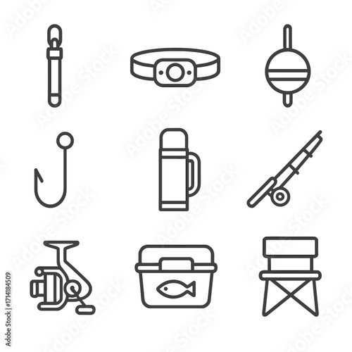 Minimalist linear icons of fishing equipment on dark background