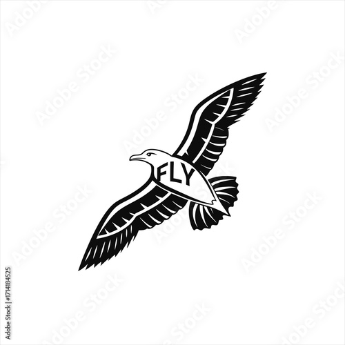 Stylized black and white seagull in flight with the word fly on its body