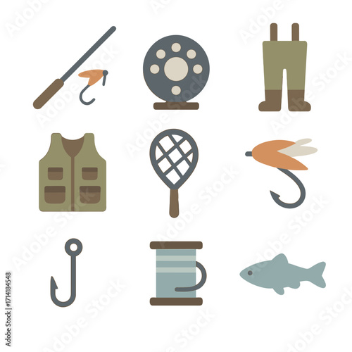 Flat fishing gear icons collection with rod, hook, waders, and more