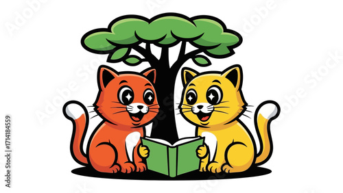 Friendship Tale: Two vibrant cats, sharing a book under the shelter of a leafy tree, evoke a warm feeling of companionship and intellectual delight.