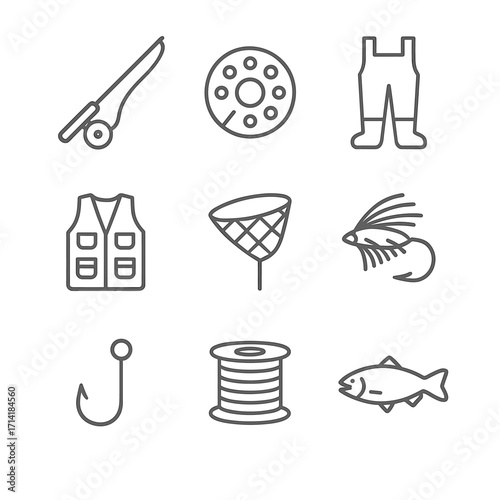 Essential fishing gear icons in linear style on transparent background