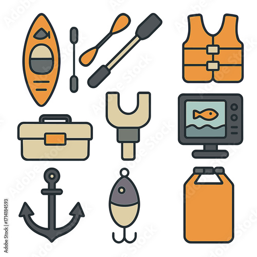 Essential fishing equipment icons: kayak, oars, life jacket, and more in colorful outline style