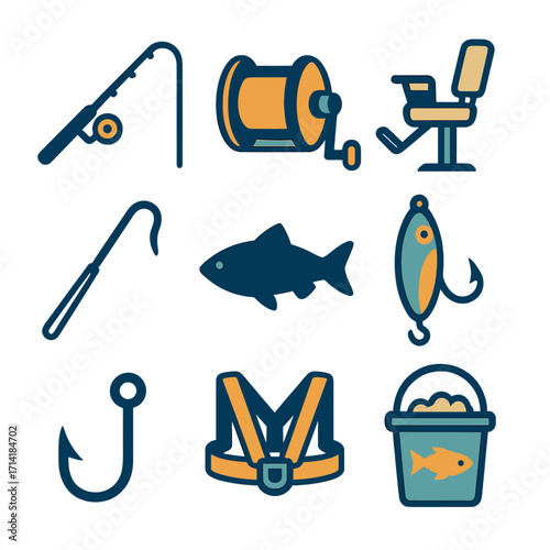 Fishing icons: gear and equipment set in modern flat design