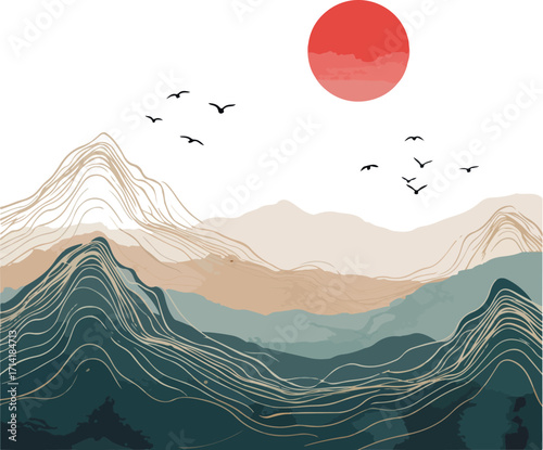 Illustration Of A Sunset Over Layered Mountain Range With Birds In The Sky
