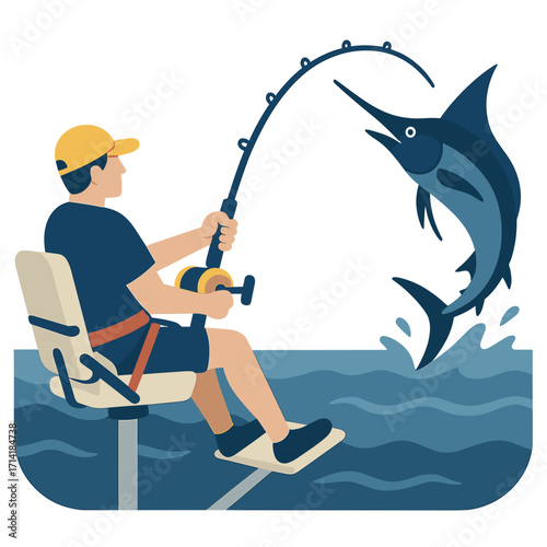 Angler catching marlin at night in a boat