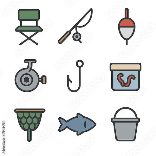 Fishing essentials icon set: linear style with chair, fishing rod, hook, bait, and bucket