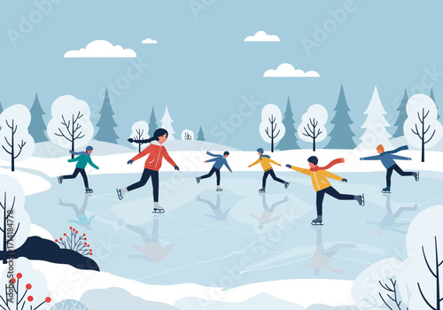 Group of People Ice Skating on a Frozen Lake in Winter Landscape.