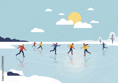People Ice Skating on a Frozen Lake in Winter Landscape 1.