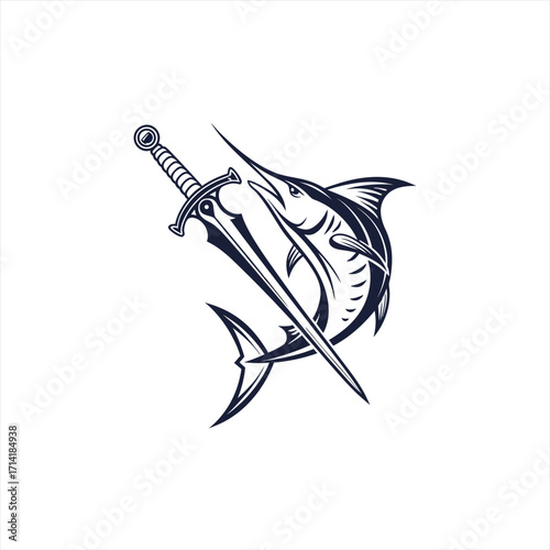 Marlin fish and sword emblem