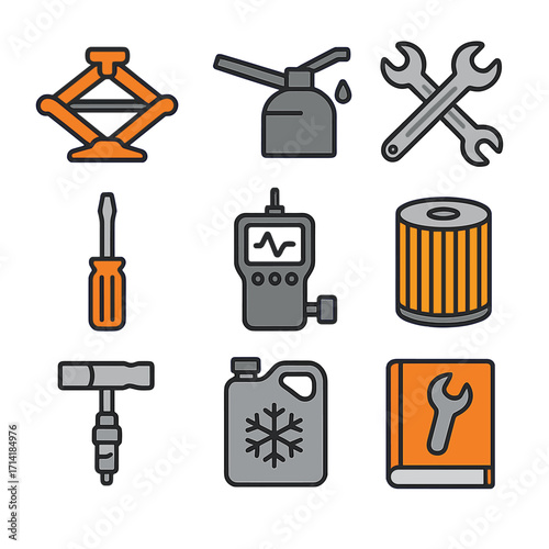 Car maintenance essentials: tools and equipment icons in modern outline style
