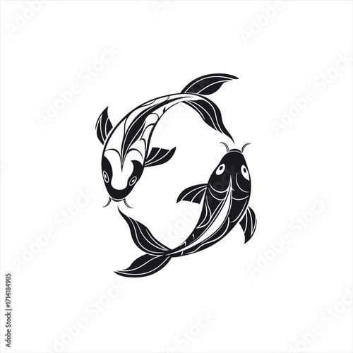Two stylized black koi fish swimming in a yin yang symbol