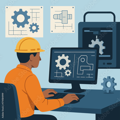 Engineer designing 3d mechanical parts using computer and 3d printer in modern workspace