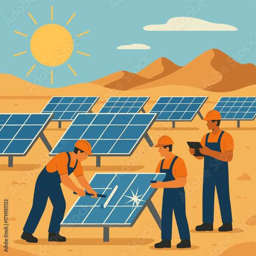 Workers maintaining solar panels in desert landscape under bright sun