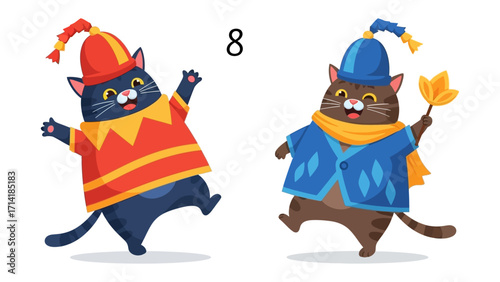 Feline revelry: Two charming cartoon cats dressed in festive attire, ready to dance and have fun, embodying pure joy and celebration in a playful atmosphere.