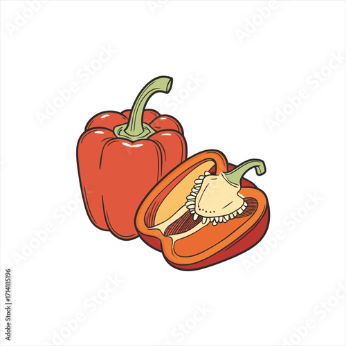 Red bell pepper whole and halved with seeds