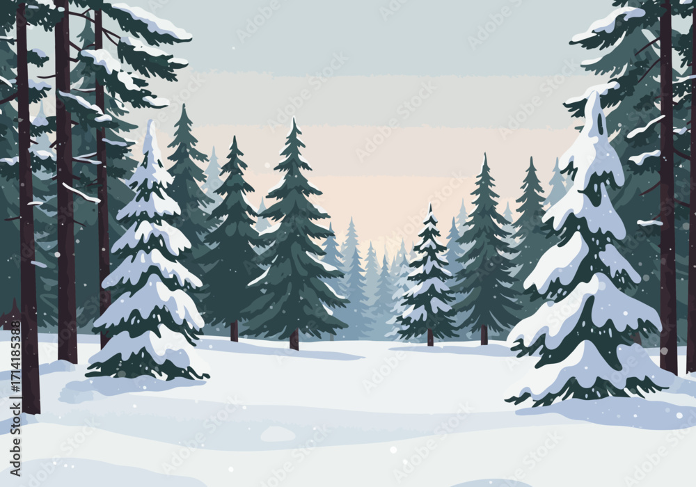 Obraz premium Snowy Winter Forest Landscape with Evergreen Trees.