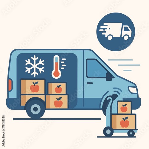 Refrigerated delivery truck with food cargo and temperature control icon