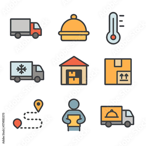Logistics and delivery icon set featuring warehouse, temperature, and shipping symbols