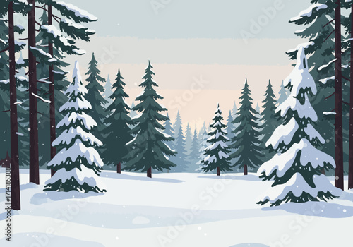 Snowy Winter Forest Landscape with Evergreen Trees.