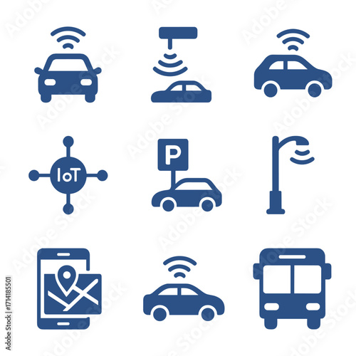Smart transport silhouettes: iot, navigation, wireless connectivity icons