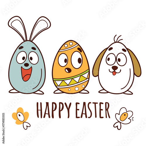 Cute cartoon Easter eggs with bunny ears and a dog character with happy easter text holiday celebration