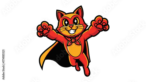 Superhero Cat's Courage: A heroic cat soars with confident, showcasing its cape and suit with determination, embodying courage and protection.