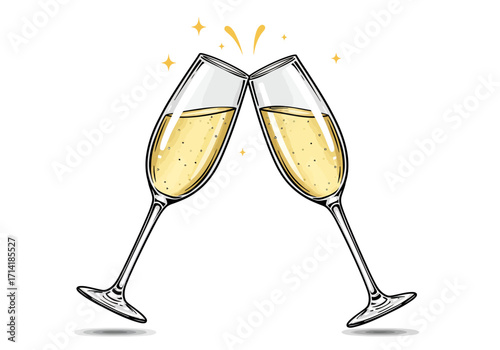 Two Champagne Flutes Toasting with Sparkling Wine and Stars Illustration.