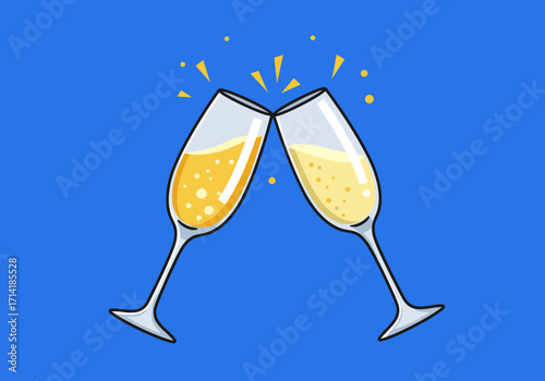Two Champagne Glasses Toasting with Bubbles on Blue Background.