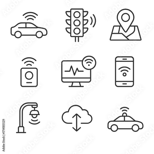 Smart city technology icons featuring connected cars and iot devices