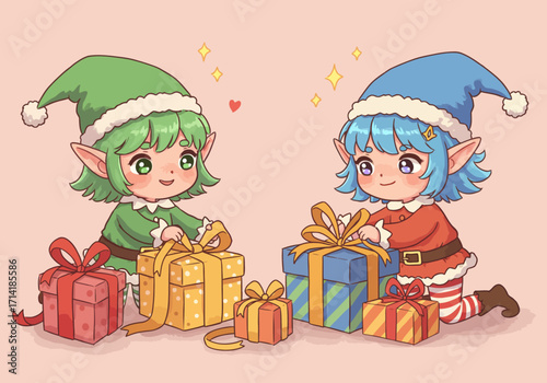 Two Cute Cartoon Elves with Christmas Presents Illustration.